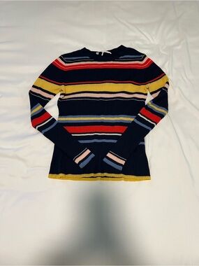 Lightweight FRAME Striped Ribbed Knit Sweater in Navy,  with Multi-Color Stripes